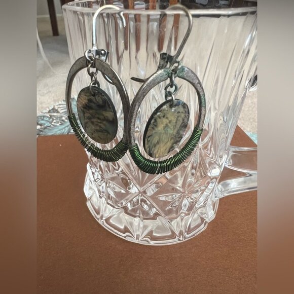 Boho Abalone Shell Dangle Earrings Green Wire Wrapped Oval Drop Earrings 2” - Picture 2 of 3
